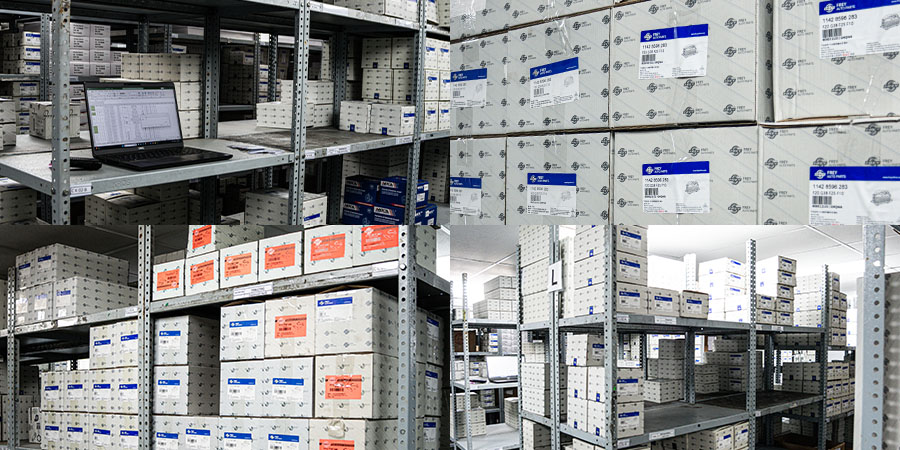 Interior of our new parts warehouse showcasing a variety of new, non-OEM BMW & Mercedes spare parts