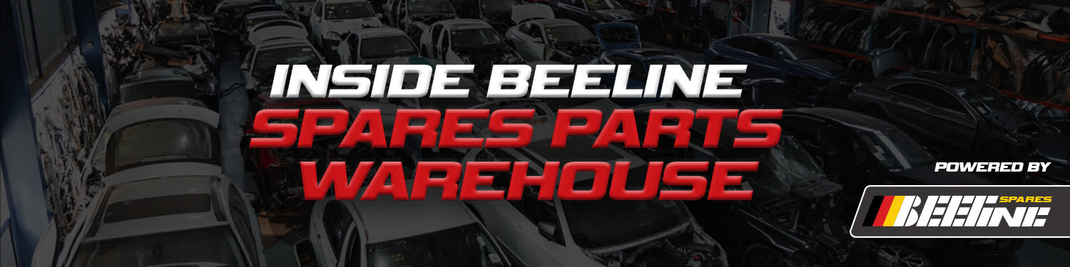 Beeline Spares used BMW & Mercedes parts warehouse with text overlay